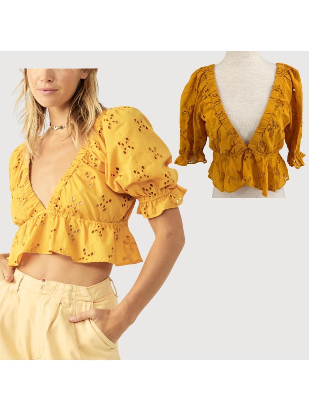 Free People Gardenia Golden Girl Mustard Eyelet Peplum Top N